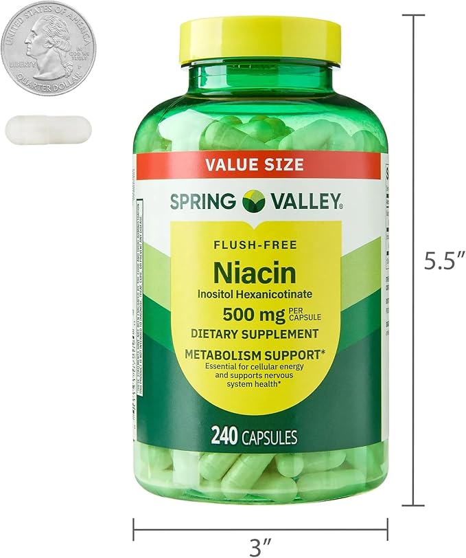 Spring Valley Vitamin B3 Niacin 500 mg Flush Free Capsules (Vitamin B3) Metabolism Support Gluten Free (240 Pills)