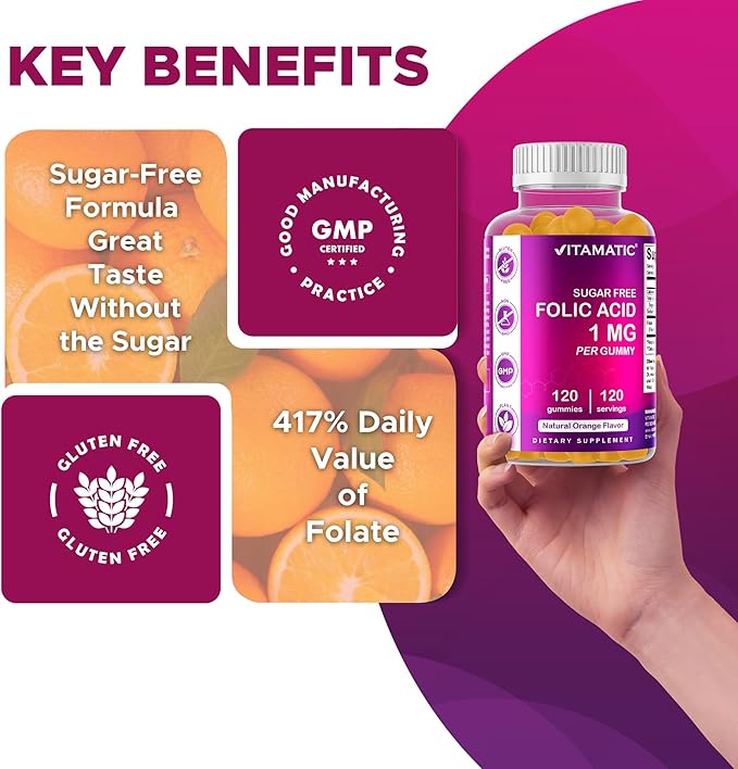 Vitamatic Folic Acid Gummies 1000 mcg (1 mg) - an Essential Prenatal Vitamins for Mom &amp Baby - Vitamin B9-120 Vegan Gummies (2)