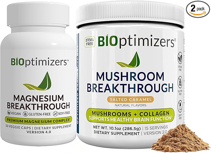 BiOptimizers Magnesium Breakthrough 4.0 (30 Capsules) &amp Mushroom Breakthrough Powder (Salted Caramel 15 Servings) - Natural Sleep and Brain Superfood &amp Supplement Bundle