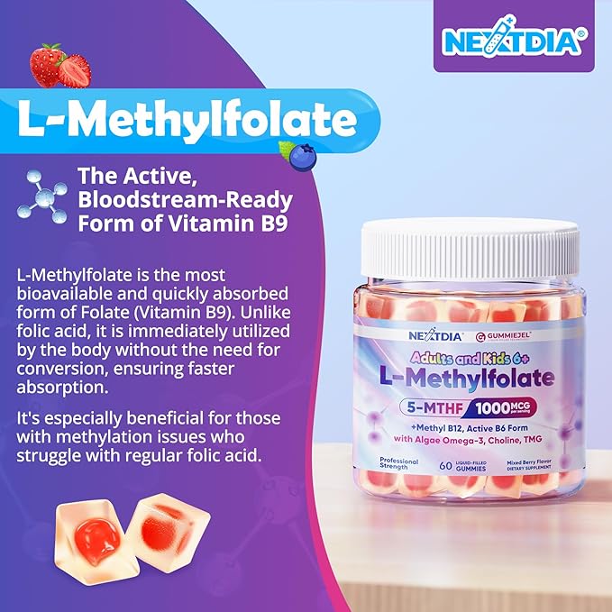 L-Methylfolate 1000 mcg + Methyl B12 Gummies for Kids &amp Adults - Active 5-MTHF w/Omega-3 DHA &amp EPA(3:1) Choline &amp TMG B6 Supports MTHFR Gene Brain Energy &amp Methylation Sugar fre