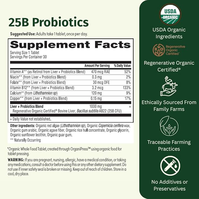 Probiotic 25B CFU – Regenerative Organic Certified Daily Probiotic for Gut Immune &amp Emotional Health – Supports Digestion Bloating Relief &amp Gut Balance – 30 Tablets