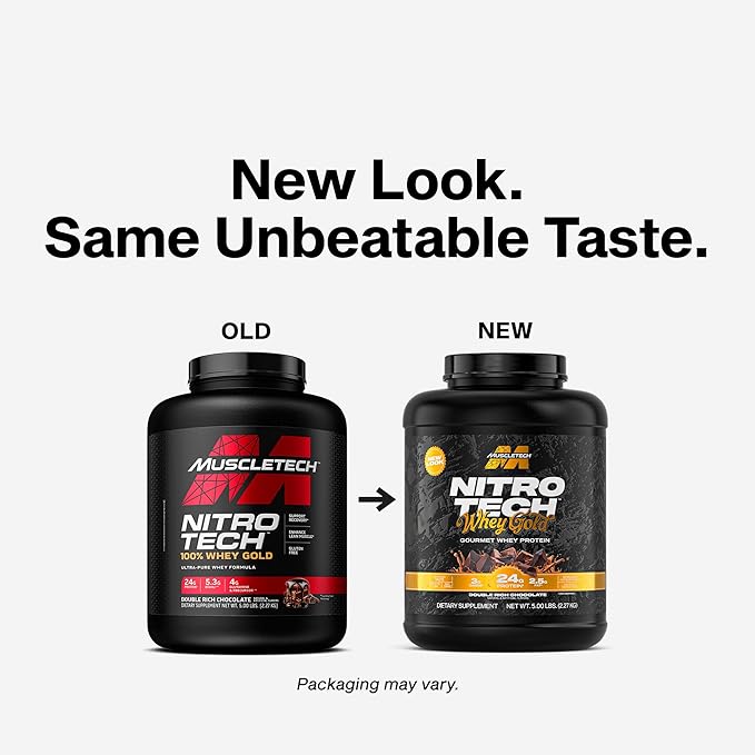 Muscletech Whey Protein Powder (Double Rich Chocolate 5LB) - Nitro-Tech Whey Protein Isolate Smoothie Mix for Lean Muscle &amp Recovery - 24g of Whey Gold Protein for Women &amp Men - Packaging May