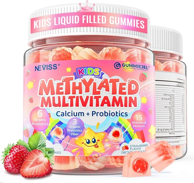 Kids Multivitamin Gummies + Calcium Probiotics Vitamin D3 C Methylated B12 &amp Methylfolate B6 A K2 E Zinc Prebiotics for Children Ages 4+ Clean &amp Sugar Free for Nutritional Support