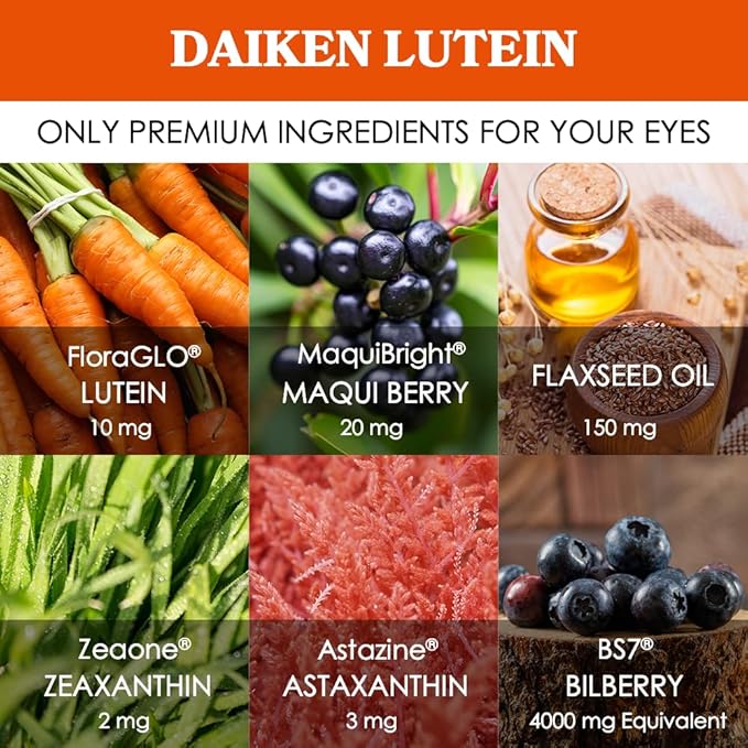 DAIKEN Lutein and Zeaxanthin Supplements AREDS 2 Inspired Formula with Astaxanthin Maqui Berry Bilberry Flaxseed Oil &amp Vitamin E 30 Softgels