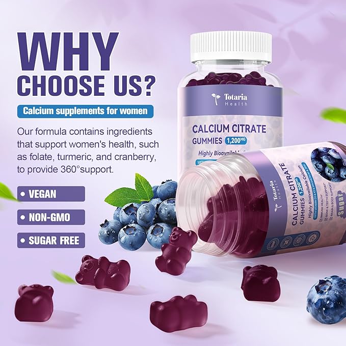 2 Pack Calcium Citrate Gummies 1200 mg - Calcium Supplements for Women with Vitamin D3 &amp K2MagnesiumZinc - Sugar Free Calcium Gummies for Bone &amp Teeth &amp Immune Support- Blueberry Flavor