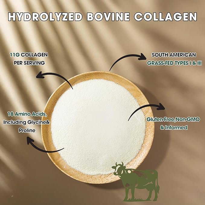 Collagen Peptides Powder Unflavored 15.9oz Hydrolyzed Bovine Collagen 41 Servings Types I &amp III Grass-Fed Pasture-Raised Protein Zero Sugar Supplement