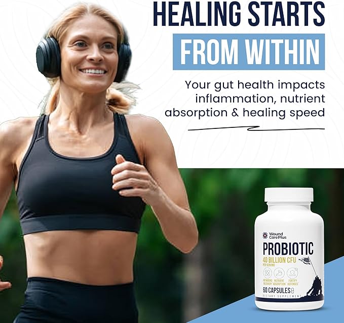 Wound Care Plus Probiotic 40 Billion CFU - 10-Strain Blend with Lactobacillus &amp Bifidobacterium - Supports Digestive &amp Immune Health - 60 Capsules - Non-GMO Gluten-Free