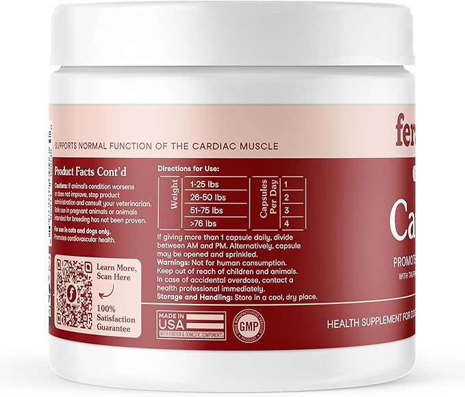Fera Pets Cardiac Support - Cat &amp Dog Heart Supplement with Taurine L-Carnitine &amp CoQ10 - Promotes Normal Circulation and Heartbeat - 60 Capsules