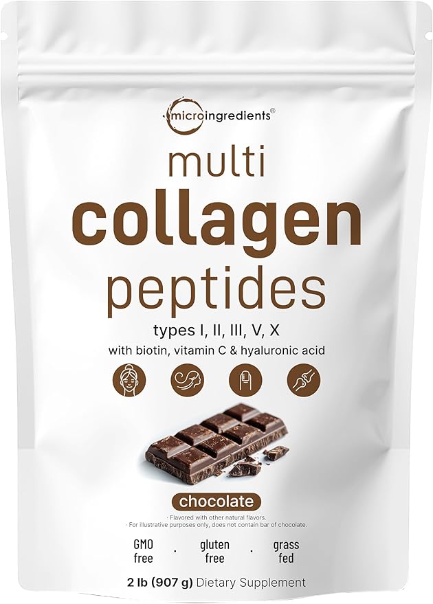 Micro Ingredients Multi Collagen Peptides Powder 2lb | Type I II III V X + Biotin Vitamin C &amp Hyaluronic Acid | Chocolate Flavor | Supports Hair Skin &amp Joint Health | Keto Non-GMO