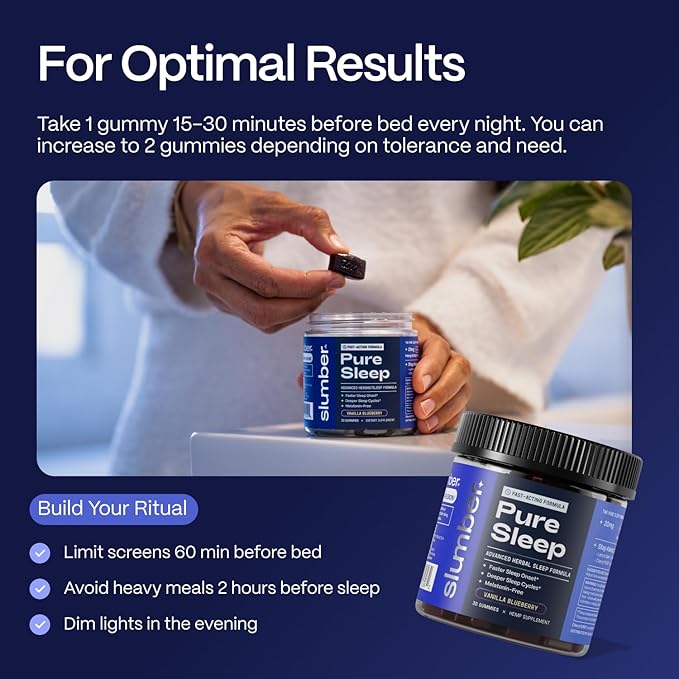 Slumber Pure Sleep | Fast Acting Sleep Gummies to Fall Asleep and Stay Asleep | with Lemon Balm L Theanine Tart Cherry Chamomile | Natural Melatonin Free 30 Count