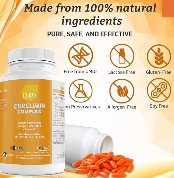 PuroOmega Curcumin Complex - Tripple Concentrated Omega 3 Oil Blended with Highly bioavailable Turmeric Supplement 2 Months Supply. A VitalemedyMD Product