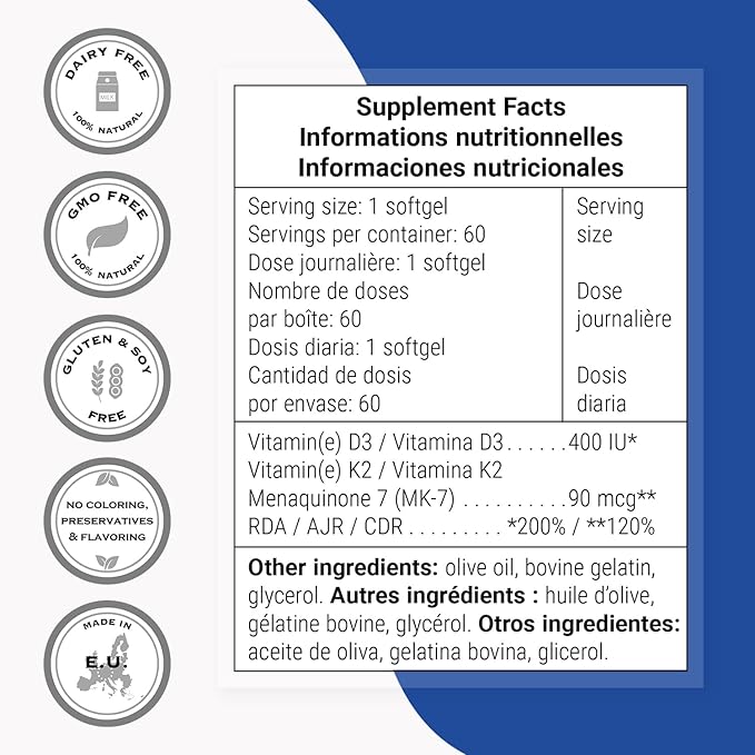Supersmart - Vitamin K2 MK7 + Vitamin D3 90mcg per Day (High Bioavailability) - Menaquinone Supplement - Vitamin D &amp K Complex | Non-GMO &amp Gluten Free - 60 Softgels