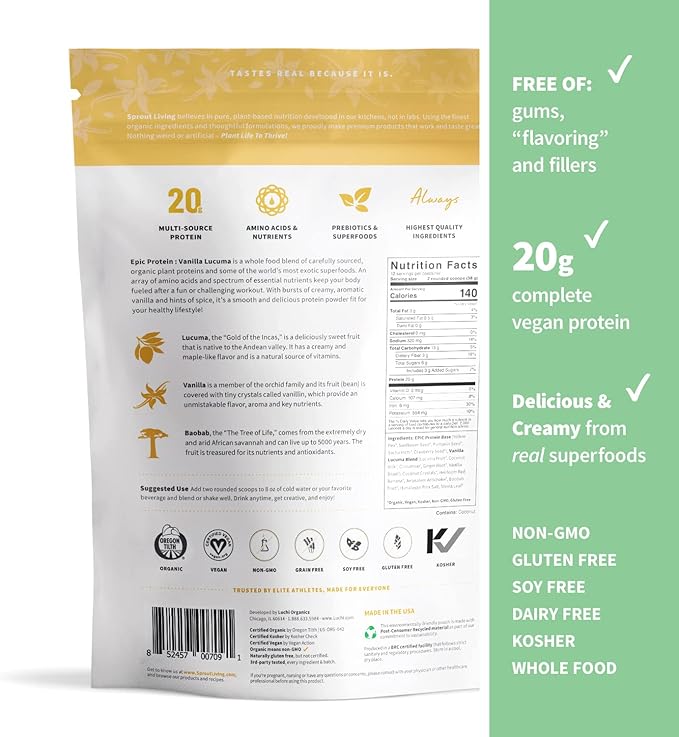 Sprout Living Epic Protein Bundle - Chocolate Maca &amp Vanilla Lucuma (20g Organic Plant-Based Protein Powder Vegan Gluten Free Superfoods) | 1lb 12 Servings