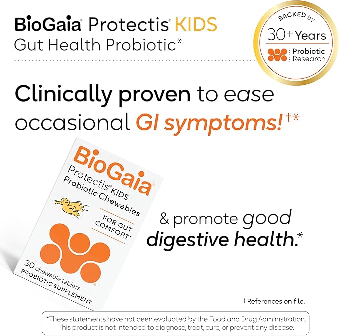 BioGaia Protectis Chewable Tablets for Toddlers Kids and Teens Occasional Stomach Pain Constipation Diarrhea and Regularity 30 Tablets 2 Pack