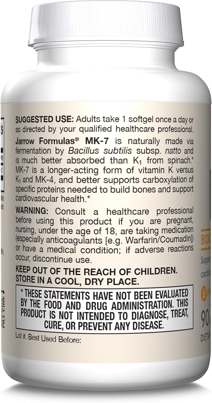 Jarrow Formulas MK-7 90 mcg - Bioactive Form of Vitamin K2-90 Servings (Softgels) - for Bone &amp Cardiovascular Health - Vitamin K2 MK-7 Dietary Supplement - Gluten-Free