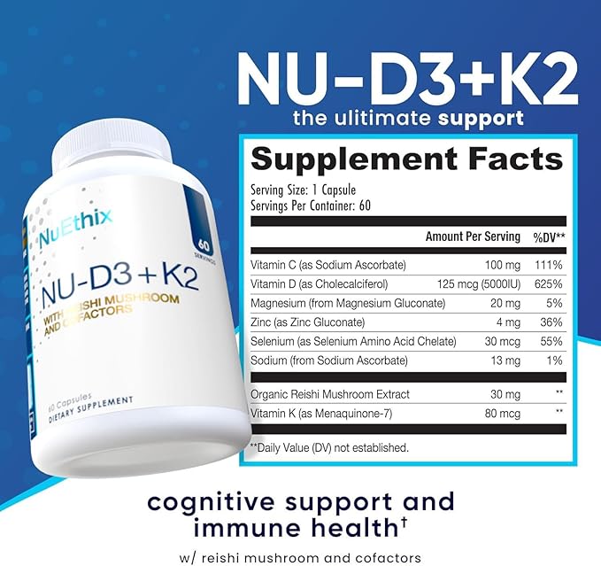 NuEthix Formulations NU-D3 + K2 - Vitamin D3 and K2 5000 iu Supplements - Packed with Reishi Mushroom Magnesium &amp Zinc - 60ct 60 Servings - Made in USA Products Only