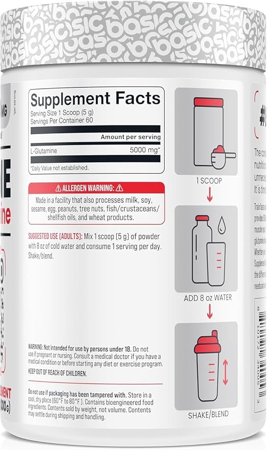 Basic Glutamine Powder 5000mg L-Glutamine for Muscle Recovery Immune Support Protein Synthesis Vegan Gluten-Free Unflavored 60 Servings