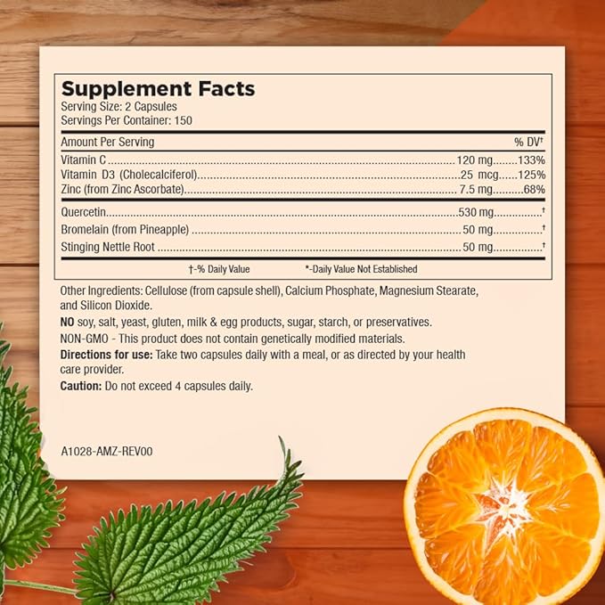 Mt. Angel Vitamins - Zinc Quercetin with Bromelain Supplement – Immune Support &amp Respiratory Health - Quercetin 500mg Capsules | Zinc 50mg | Vitamin C Capsules | Immune Booster for Adults - 300ct.