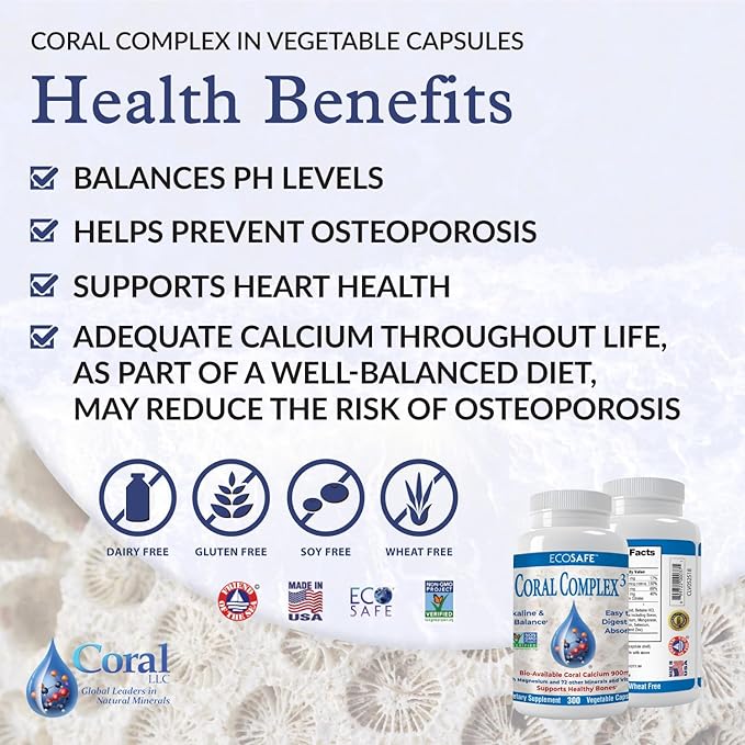 Coral Complex 3 Calcium Supplement Vitamin D3 &amp Magnesium – 900 mg Bioavailable Coral Calcium for Bone Strength Joint Support &amp pH Balance – Trace Minerals Non-GMO 300 Veg Capsules