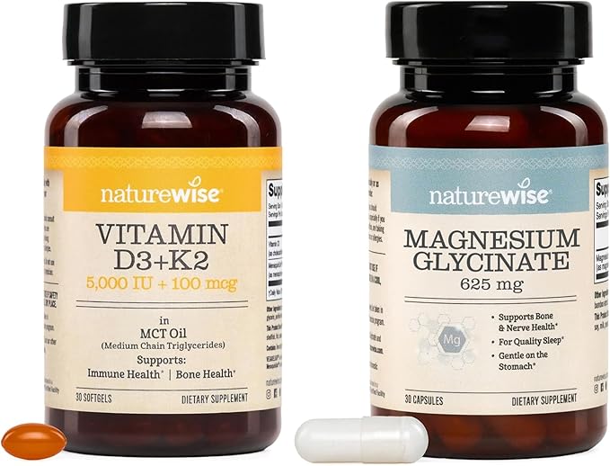 NatureWise Vegan Vitamin D3 5000IU + K2 with Organic Coconut MCT Oil - USA Manufactured - 30 Softgels[30-Day Supply] Magnesium Glycinate 625 mg - Vegan - 30 Capsules[30-Day Supply]