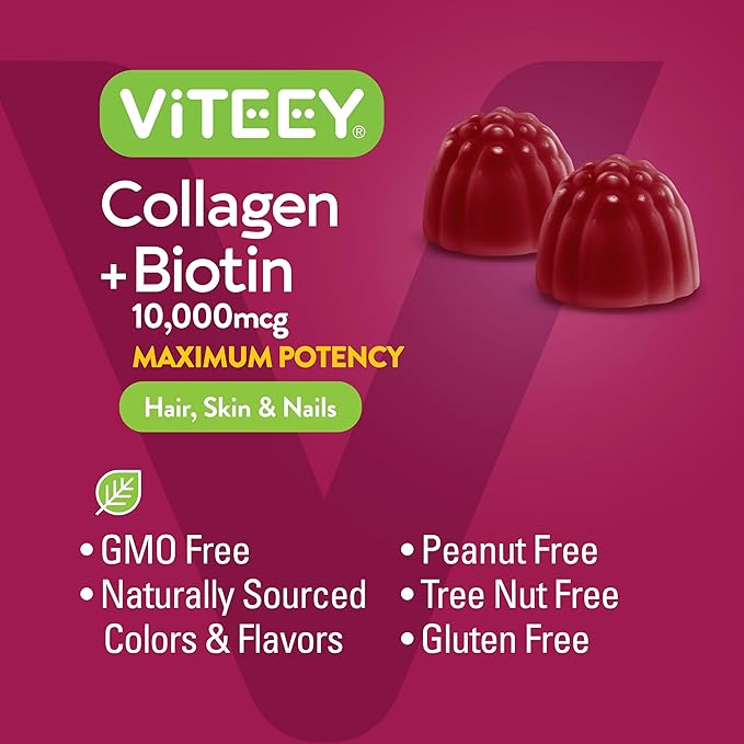 Viteey Collagen Gummies with Biotin Gummies for Hair Skin and Nails Vitamins - Biotin and Collagen Supplements for Women &amp Men - Gluten-Free – 120 Count