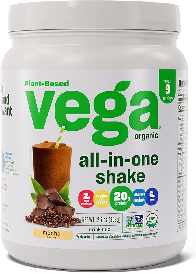 Vega Organic All-in-One Vegan Protein Powder Mocha (9 Servings) Superfood Ingredients Vitamins for Immunity Support Keto Friendly Pea Protein for Women &amp Men 12.7oz (Packaging May Vary)
