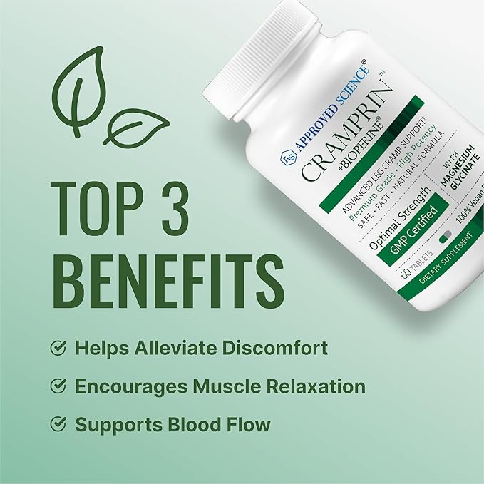 Approved Science Cramprin - High Absorption Magnesium Vitamin B Complex BioPerine - Muscle Cramps - 3 Month Supply - 180 Tablets - Vegan
