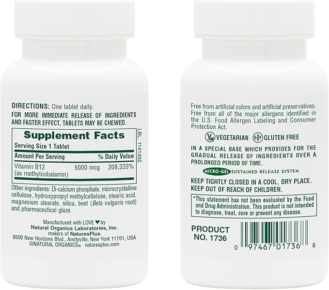 NaturesPlus Shot-O-B12 5000 mcg - 60 Sustained Release Tablets Pack of 2 - Supports Energy Production &amp Mood - Vegetarian Gluten Free - 120 Total Servings