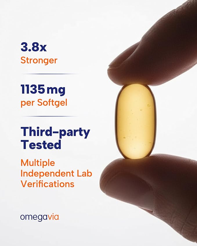 OmegaVia Ultra Concentrated Omega 3 Fish Oil Burpless 60 Softgels Triple Strength Omega 3 Fish Oil Supplements 1135 mg Pure Omega3 No Fishy Burps High EPA DHA DPA IFOS 5-Star