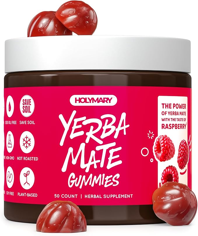 HOLYMARY Yerba Mate Gummies Raspberry Flavor - Energy Focus Power Vegan Non-GMO Natural Ingredients Gluten Free 50 Delicious Supplement Gummies