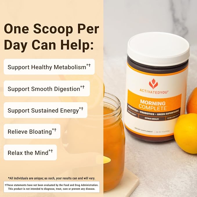 ACTIVATEDYOU Morning Complete Daily Wellness Greens Superfood Drink Mix for Gut Health w/Prebiotics Probiotics Antioxidants Green Superfoods 10 Billion CFUs 30 Servings (Citrus)