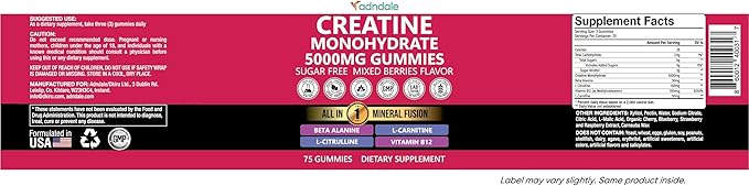 Adndale Creatine Gummies for Women &amp Men 5000mg per Serving Creatine Monohydrate Supplement with Beta-Alanine L-Citrulline &amp B12-75 Vegan Gummies. Sugar-Free