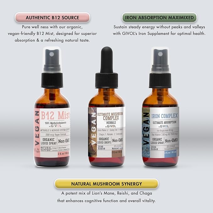 Ultimate Vegan Essential Bundle Liquid Spray- Ultimate Mushroom Complex Iron Bisglycinate and Vitamin B12 Methylcobalamin All Natural Non-GMO Gluten Free Sugar Free 2 Fl Oz 360 Days Supply