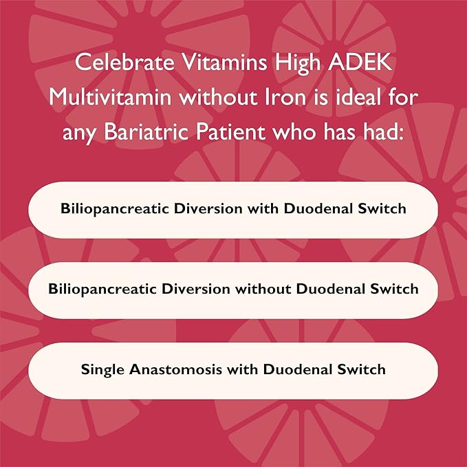 Celebrate Vitamins Multi ADEK Chewables Iron Free - Daily Bariatric Multivitamin High Level of Vitamins A D E K &amp B12 for Duodenal Switch Surgery Patients - Berry Sorbert (180 Tablets)