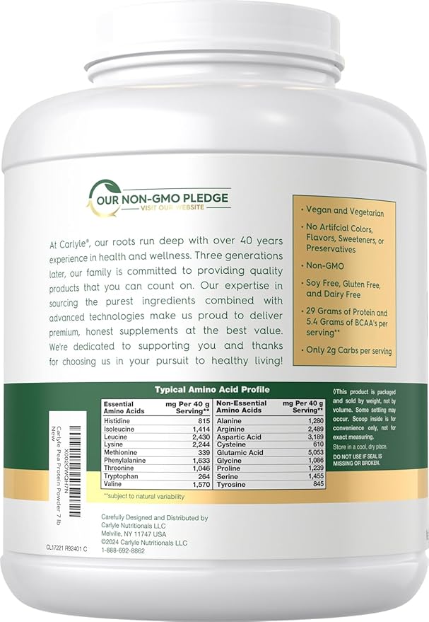 Carlyle Pea Protein Powder 7lb | Unflavored | 29G Protein | for Men and Women | Vegetarian Non-GMO Gluten and Soy-Free