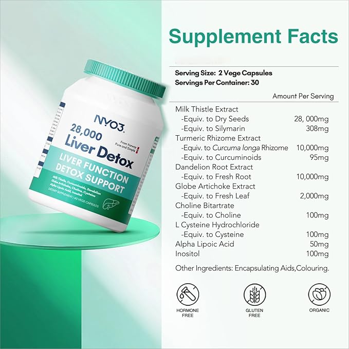 NYO3 Milk Thistle 200mg Liver Detox Supplement with Dandelion Root &amp Artichoke Extract | 60 Capsules | Silymarin Antioxidant SupportLiver Cleanse &amp Herbal Health Supplement