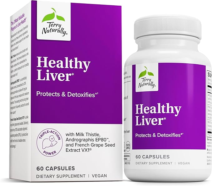 Terry Naturally Healthy Liver - Liver Function &amp Health Support Supplement - Cellular Health Support with Andrographis EP80 &amp French Grape Seed Extract - Gluten-Free Dietary Supplement - 60 Ca