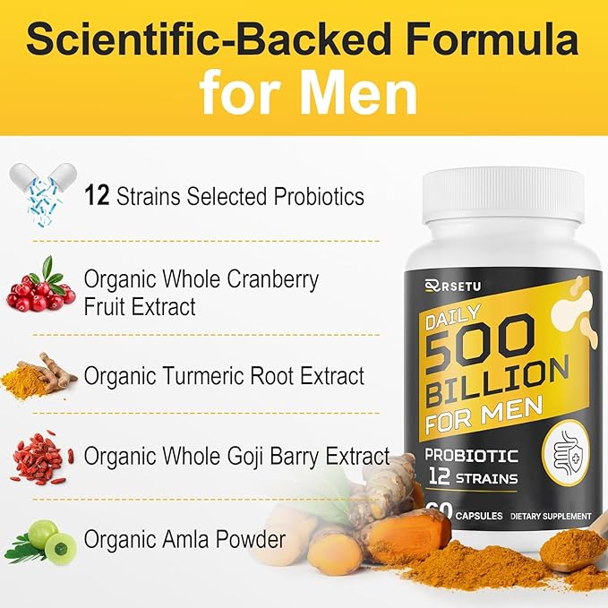 Probiotics for Men 500 Billion CFUs &amp 12 Strains Mens Probiotic with Turmeric Cranberry Goji Gut Health for Men for Digestive Health Gut Bloating &amp Gas Immune Energy Support 30-Day Su