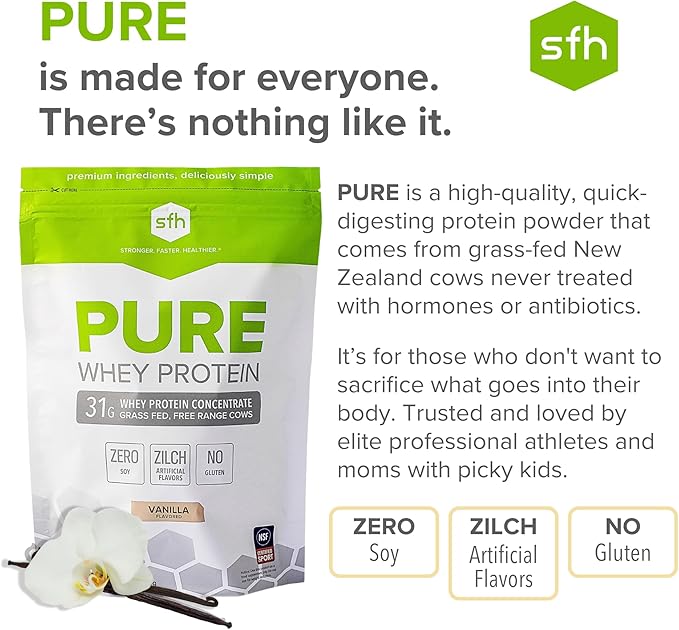 SFH Pure Whey Protein Powder (Vanilla) Best Tastin Grass Fed Whey | All Natural | Non-GMO No Artificials Soy Free Gluten Free | (Vanilla 31.9 Ounce (Pack of 1)
