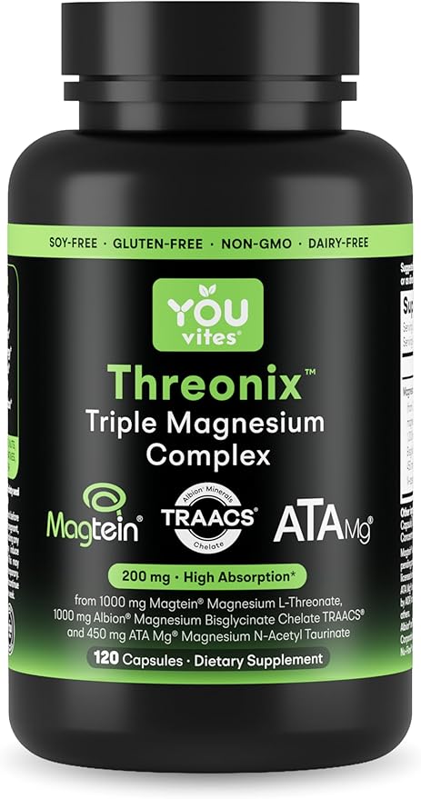 Threonix Triple Magnesium Complex - 200 mg Magnesium from 2450 mg of Magtein L-Threonate Bisglycinate Chelate TRAACS &amp ATA Mg - Brain Sleep &amp Mood Support - High Absorption - 120 Capsules