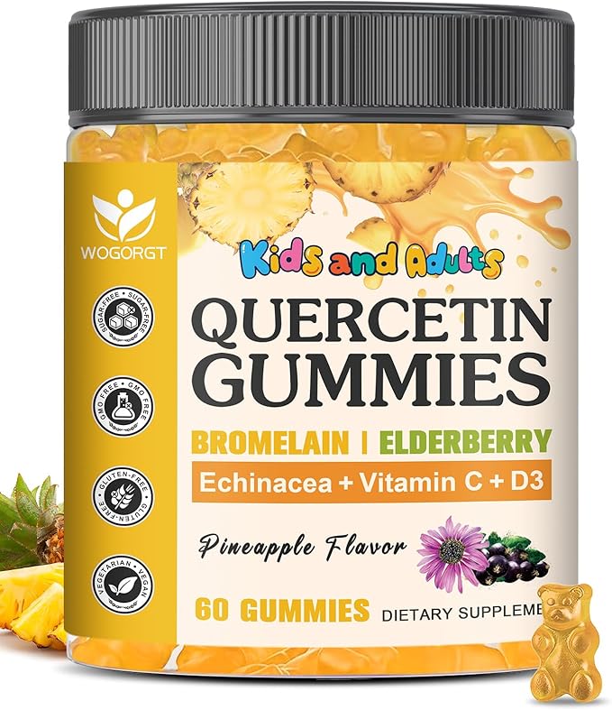 Quercetin Gummies with Bromelain for Adults &amp Kids - Immune &amp Seasonal Wellness Support 800mg Quercetin with Bromelain Zinc Elderberry Vitamin C &amp D3 - Sugar Free Vegan Pineapple Fla