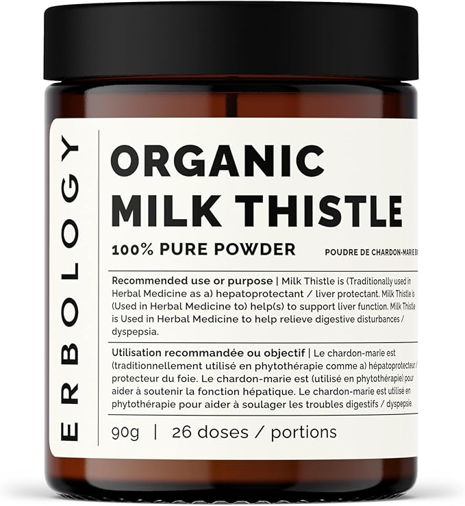 Erbology Organic Milk Thistle Powder 3.2 oz - 30 Servings - 180mg Silymarin per Serving - Liver Health - Cold-Pressed from 100% Milk Thistle Seeds - Sustainably Sourced in Europe - Vegan - GMO-Free