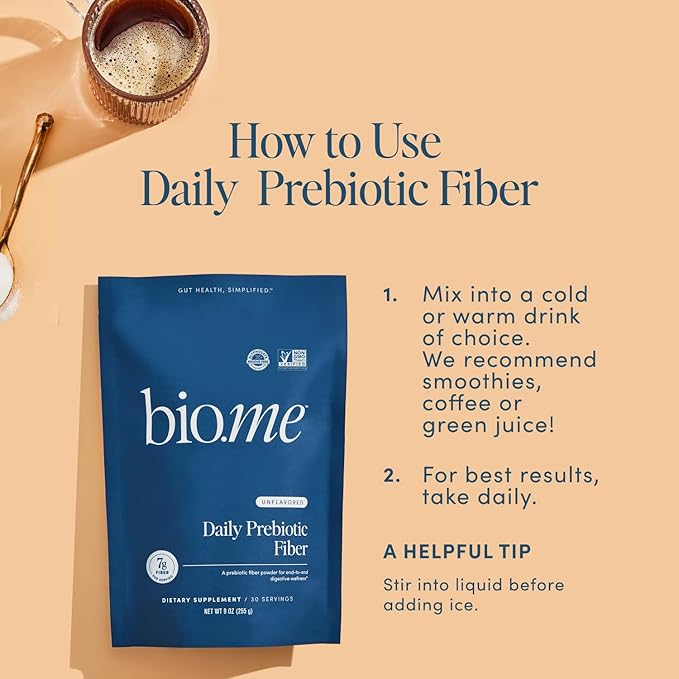 Bio.me Daily Prebiotic Fiber Powder Unflavored - 7g Per Serving - Soluble &amp Insoluble Fiber Supplement Powder for Women &amp Men - Digestive Health &amp Gut Health - GLP-1 Friendly Sugar Free -
