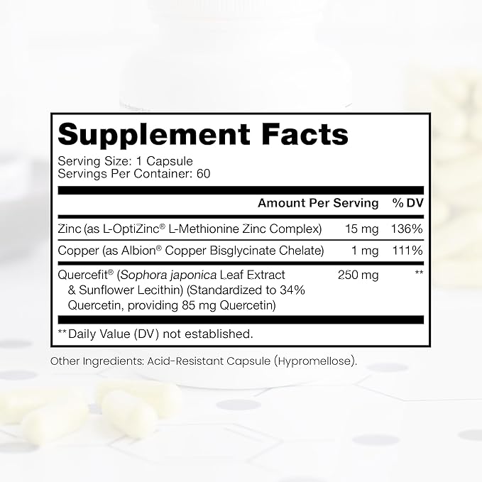 Zinc Defense | Zinc + Copper + Quercetin | 60 Servings in Vegan Capsules | L-OptiZinc &amp Quercefit Ionophore | Chelated Minerals | Immune Gut &amp Hormonal Balance Support