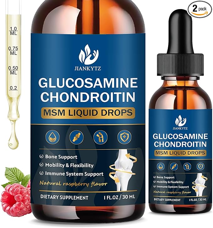 (2 Pack) Glucosamine Chondroitin MSM Liquid Drops High Absorption Antioxidant Immune Bone Support MSM Supplement for Men &amp Women Vegan Sugar-Free Raspberry Flavor 1 Fl Oz