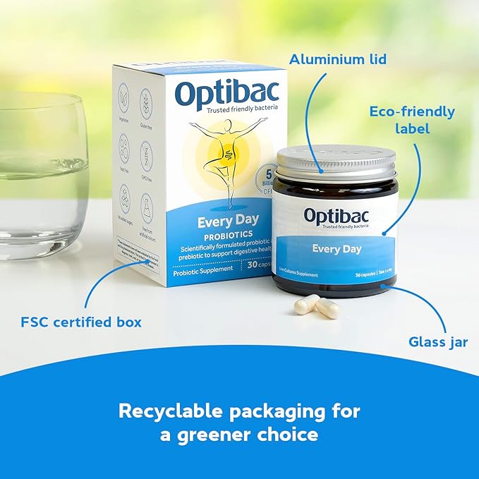 Optibac Probiotics for Every Day - Vegetarian Probiotic Supplement for Digestion &amp Gut Health 5 Billion CFU &amp Prebiotic - 30 Capsules