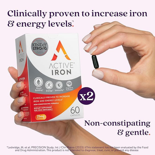 Active Iron Supplement 25mg Clinically Proven to Increase Iron &amp Energy Levels Maximum Absorption Gentle Non-Constipating Avoids Nausea &amp Side Effects 120 On-the-Go Foil Protected Capsul
