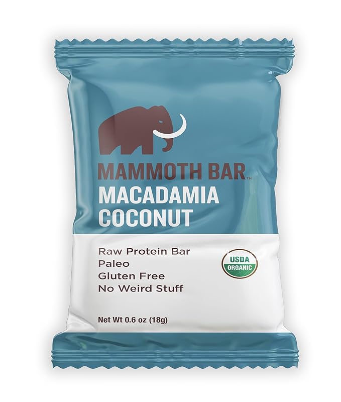 Mammoth Bar Macadamia Coconut Mini Bar - Mini Organic Snack Bar Packed with 4g Protein. Made with Premium Macadamia Nuts &amp Egg White Protein. Paleo • Gluten Free • GMO Free • Raw - 16 Mini Bars