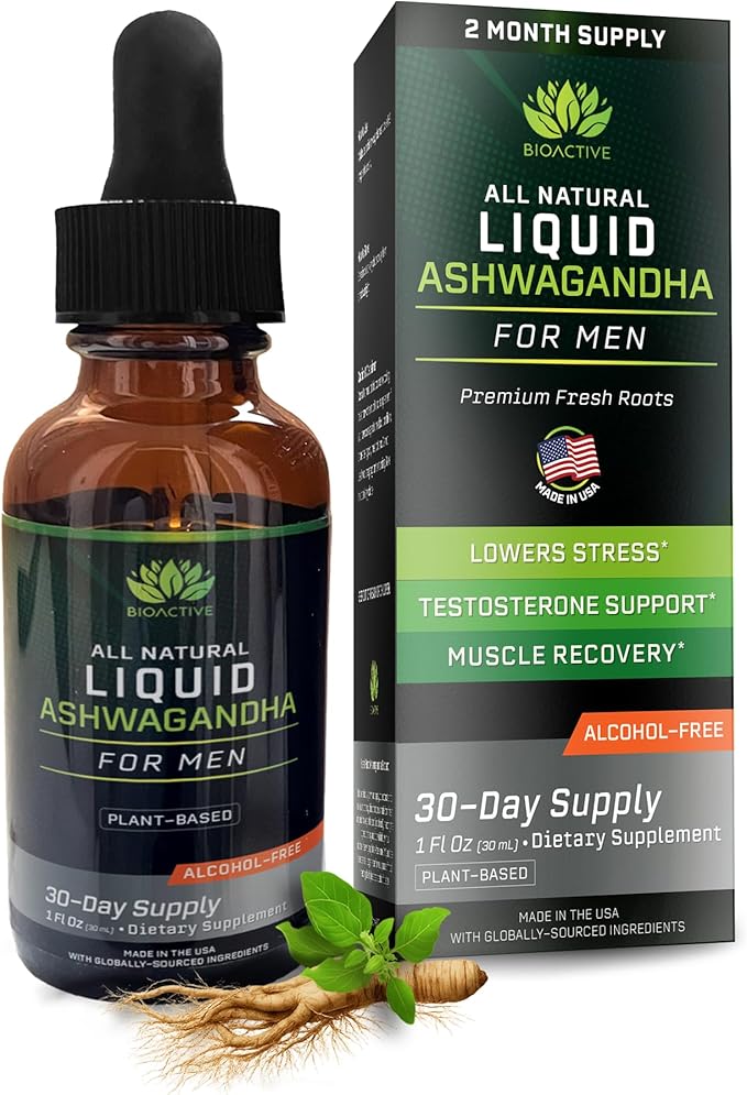 BIOACTIVE Liquid Ashwagandha Supplement Drops - Testosterone Booster For Men* - Adaptogen for Stress Support Men’s Wellness - Organic Vegetarian Gluten Free Non-GMO 59 Servings (1 Oz Unflavored)