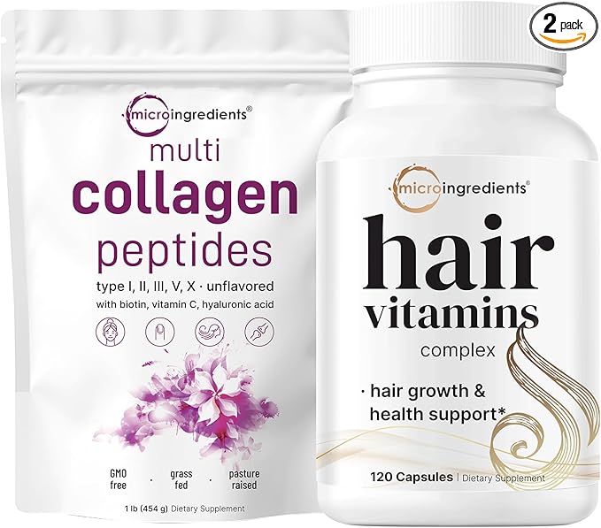 Micro Ingredients Multi Collagen Protein Powder 16oz &amp Hair Vitamins Complex Capsules Bundle 2 Pack | Grass-Fed Collagen Peptides | 14-in-1 Advanced Hair Growth Support
